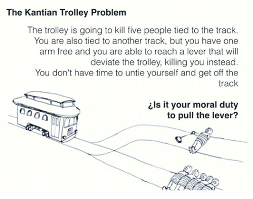 The Kantian Trolley Problem.
The trolley is going to kill five people tied to the track. 
You are also tied to another track, but you have one arm free and you are able to reach a lever that will deviate the trolley, killing you instead. 
You don't have time to untie yourself and get off the track. 
Is it your moral duty to pull the lever?